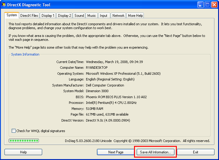 DirectX Diagnostic Tool